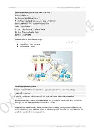 Study Notes http://SlideShare.net/OxfordCambridge
19 | P a g e S I P ( S e s s i o n I n i t i a t i o n P r o t o c o l )
pc33.atlanta.com;branch=z9hG4bk776asdhds
Max-Forwards: 70
To: Bob<sip:bob@biloxi.com>
From: Alice<sip:alice@atlanta.com>;tag=1928301774
Call-ID: a84b4c76e66170@pc33.atlanta.com
CSeq: 314159 INVITE
Contac: <sip:alice@pc33.atlanta.com>
Content-Type: application/sdp
Content-Length: 142
SIP communication involves two messages:
 request from a client to a server
 response from a server
request from a client to a server
A request from a client to a server consists of a request line, header lines, and a message body.
response from a server
A response from a server to a client consists of a status line, header lines, and a message body.
All SIP messages are text-based and modeled on RFC 822, Standard for the Format of ARPA Internet Text
Messages, and RFC 2068, Hypertext Transfer Protocol - HTTP/1.1.
SIP defines four types of headers: a general header, an entity header, a request header, and a response
header. The first two types of headers appear on both message types. The latter two types of headers are
specific to request and response, respectively.
 