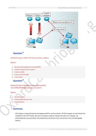 Study Notes http://SlideShare.net/OxfordCambridge
26 | P a g e S I P ( S e s s i o n I n i t i a t i o n P r o t o c o l )
Questionvii
Identify the ways in which a SIP UA can resolve an address.
Options:
1. Dynamic Host Configuration Protocol(DHCP)
2. It lets the network server resolve it
3. It relies on WINS
4. It uses a local host table
5. It uses rwhois
Questionviii
Identify the type of SIP address that is represented by:
"sip:12486593178@gateway.com;user=phone".
Options:
1. An E.164 address
2. A fully qualified domain name
3. A mixed address
Summary
SIP employs a request/response messaging model for communication. All SIP messages are text-based and
modeled on the HTTP syntax. SIP uses six response codes to indicate the status of a request: 1xx
(informational), 2xx (successful), 3xx (redirection), 4xx (client error), 5xx (server error), and 6xx (global
failure).
 