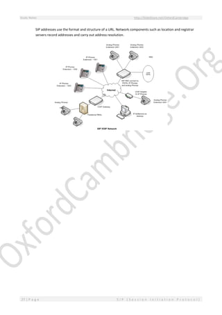Study Notes http://SlideShare.net/OxfordCambridge
27 | P a g e S I P ( S e s s i o n I n i t i a t i o n P r o t o c o l )
SIP addresses use the format and structure of a URL. Network components such as location and registrar
servers record addresses and carry out address resolution.
 