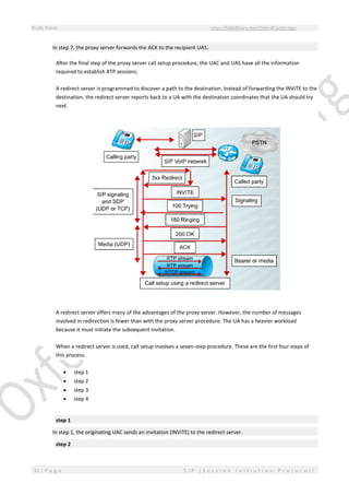 Study Notes http://SlideShare.net/OxfordCambridge
32 | P a g e S I P ( S e s s i o n I n i t i a t i o n P r o t o c o l )
In step 7, the proxy server forwards the ACK to the recipient UAS.
After the final step of the proxy server call setup procedure, the UAC and UAS have all the information
required to establish RTP sessions.
A redirect server is programmed to discover a path to the destination. Instead of forwarding the INVITE to the
destination, the redirect server reports back to a UA with the destination coordinates that the UA should try
next.
A redirect server offers many of the advantages of the proxy server. However, the number of messages
involved in redirection is fewer than with the proxy server procedure. The UA has a heavier workload
because it must initiate the subsequent invitation.
When a redirect server is used, call setup involves a seven-step procedure. These are the first four steps of
this process.
 step 1
 step 2
 step 3
 step 4
step 1
In step 1, the originating UAC sends an invitation (INVITE) to the redirect server.
step 2
 