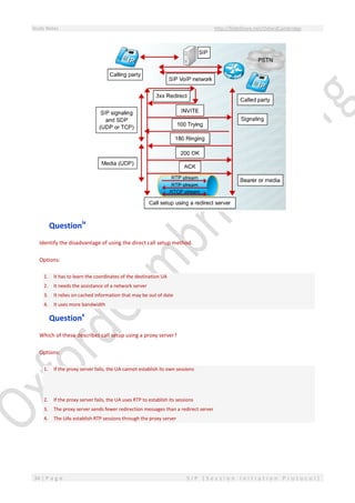 Study Notes http://SlideShare.net/OxfordCambridge
34 | P a g e S I P ( S e s s i o n I n i t i a t i o n P r o t o c o l )
Questionix
Identify the disadvantage of using the direct call setup method.
Options:
1. It has to learn the coordinates of the destination UA
2. It needs the assistance of a network server
3. It relies on cached information that may be out of date
4. It uses more bandwidth
Questionx
Which of these describes call setup using a proxy server?
Options:
1. If the proxy server fails, the UA cannot establish its own sessions
2. If the proxy server fails, the UA uses RTP to establish its sessions
3. The proxy server sends fewer redirection messages than a redirect server
4. The UAs establish RTP sessions through the proxy server
 