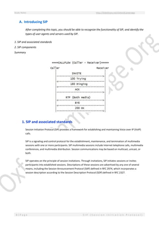Study Notes http://SlideShare.net/OxfordCambridge
8 | P a g e S I P ( S e s s i o n I n i t i a t i o n P r o t o c o l )
A. Introducing SIP
After completing this topic, you should be able to recognize the functionality of SIP, and identify the
types of user agents and servers used by SIP.
1. SIP and associated standards
2. SIP components
Summary
1. SIP and associated standards
Session Initiation Protocol (SIP) provides a framework for establishing and maintaining Voice over IP (VoIP)
calls.
SIP is a signaling and control protocol for the establishment, maintenance, and termination of multimedia
sessions with one or more participants. SIP multimedia sessions include Internet telephone calls, multimedia
conferences, and multimedia distribution. Session communications may be based on multicast, unicast, or
both.
SIP operates on the principle of session invitations. Through invitations, SIP initiates sessions or invites
participants into established sessions. Descriptions of these sessions are advertised by any one of several
means, including the Session Announcement Protocol (SAP) defined in RFC 2974, which incorporates a
session description according to the Session Description Protocol (SDP) defined in RFC 2327.
 