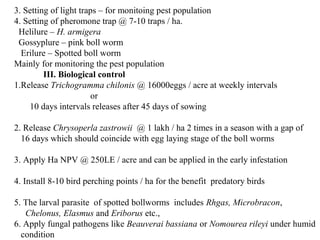 3. Setting of light traps – for monitoing pest population
4. Setting of pheromone trap @ 7-10 traps / ha.
Helilure – H. armigera
Gossyplure – pink boll worm
Erilure – Spotted boll worm
Mainly for monitoring the pest population
III. Biological control
1.Release Trichogramma chilonis @ 16000eggs / acre at weekly intervals
or
10 days intervals releases after 45 days of sowing
2. Release Chrysoperla zastrowii @ 1 lakh / ha 2 times in a season with a gap of
16 days which should coincide with egg laying stage of the boll worms
3. Apply Ha NPV @ 250LE / acre and can be applied in the early infestation
4. Install 8-10 bird perching points / ha for the benefit predatory birds
5. The larval parasite of spotted bollworms includes Rhgas, Microbracon,
Chelonus, Elasmus and Eriborus etc.,
6. Apply fungal pathogens like Beauverai bassiana or Nomourea rileyi under humid
condition
 