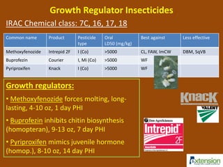 Growth Regulator Insecticides 
IRAC Chemical class: 7C, 16, 17, 18 
Common name Product Pesticide 
type 
Oral 
LD50 (mg/kg) 
Best against Less effective 
Methoxyfenozide Intrepid 2F I (Co) >5000 CL, FAW, ImCW DBM, SqVB 
Buprofezin Courier I, Mi (Co) >5000 WF 
Pyriproxifen Knack I (Co) >5000 WF 
Growth regulators: 
• Methoxyfenozide forces molting, long-lasting, 
4-10 oz, 1 day PHI 
• Buprofezin inhibits chitin biosynthesis 
(homopteran), 9-13 oz, 7 day PHI 
• Pyriproxifen mimics juvenile hormone 
(homop.), 8-10 oz, 14 day PHI 
 