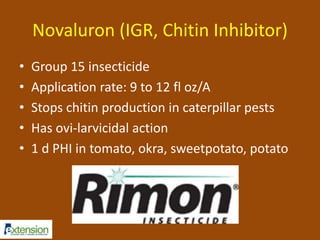 Novaluron (IGR, Chitin Inhibitor) 
• Group 15 insecticide 
• Application rate: 9 to 12 fl oz/A 
• Stops chitin production in caterpillar pests 
• Has ovi-larvicidal action 
• 1 d PHI in tomato, okra, sweetpotato, potato 
 