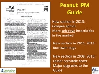 Peanut IPM 
Guide 
New section in 2013: 
Cowpea aphids 
More selective insecticides 
in the market! 
New section in 2011, 2012: 
Burrower bugs 
New section in 2009, 2010: 
Lesser cornstalk borer 
Major upgrades to the 
Guide 
 
