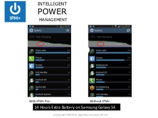 INTELLIGENT

POWER
MANAGEMENT

With IPM+ Pro

Without IPM+

14 Hours Extra Battery on Samsung Galaxy S4
(c) Copyright 2008-2014 Vigyanlabs Innovations Pvt Ltd

 