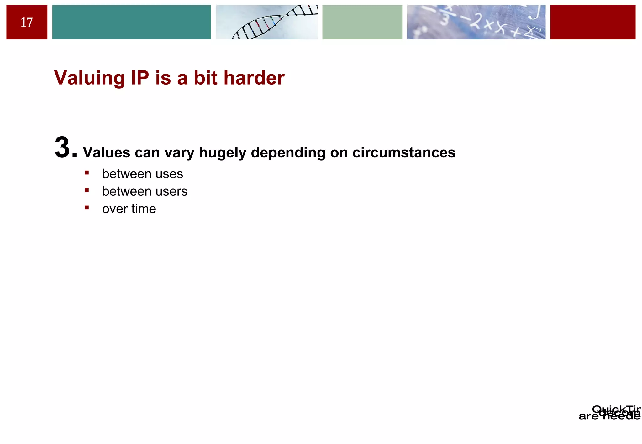 Valuing IP is a bit harder 3.  Values can vary hugely depending on circumstances between uses between users over time 