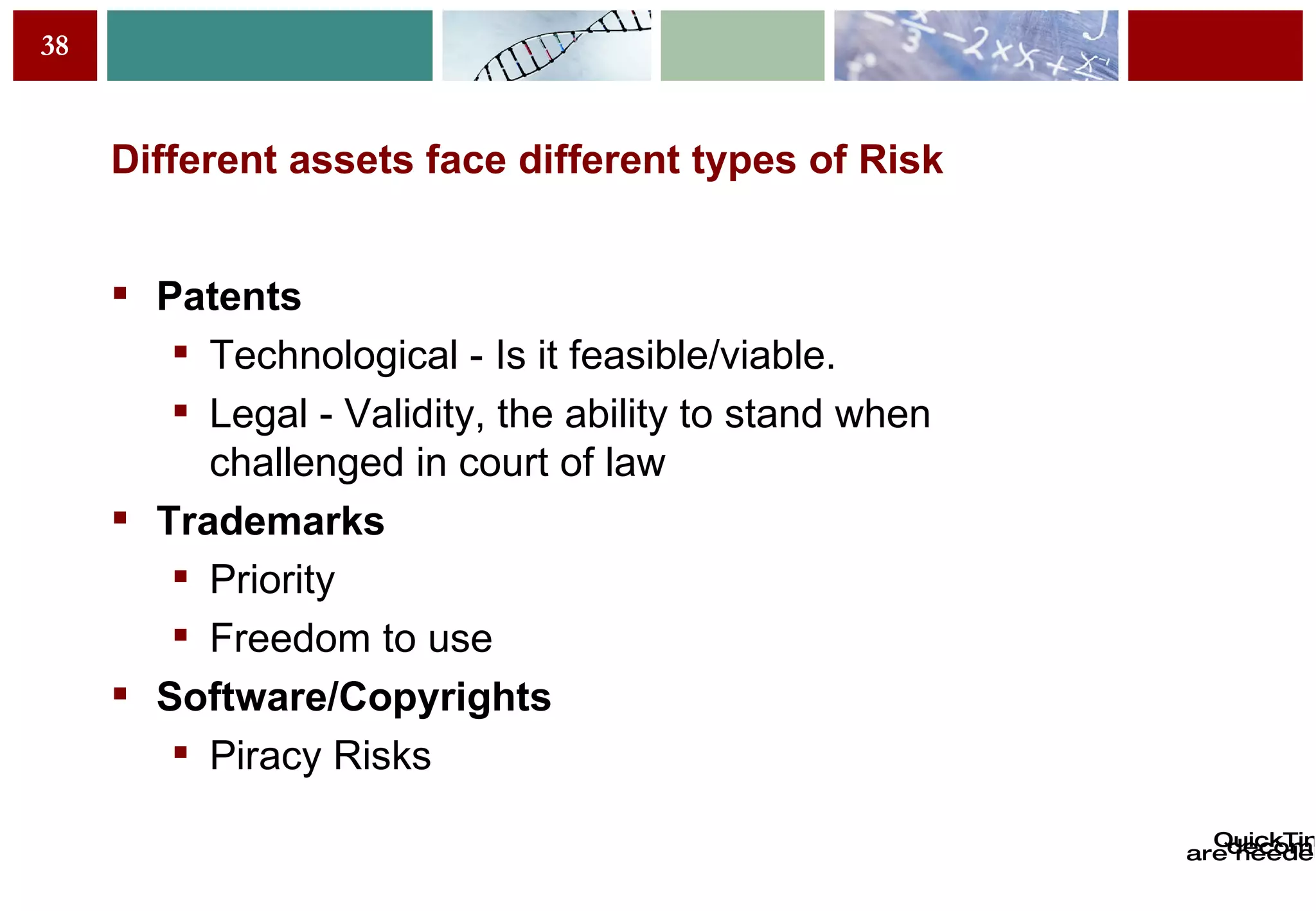 Different assets face different types of Risk Patents Technological - Is it feasible/viable. Legal - Validity, the ability to stand when challenged in court of law Trademarks Priority Freedom to use Software/Copyrights Piracy Risks 