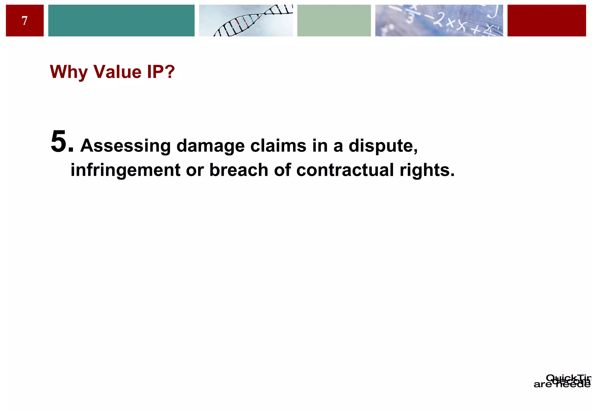 Why Value IP? 5.  Assessing damage claims in a dispute, infringement or breach of contractual rights. 