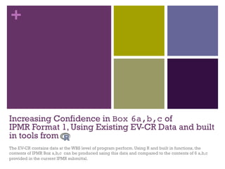 +
Increasing Confidence in Box 6a,b,c of
IPMR Format 1, Using Existing EV-CR Data and built
in tools from
The EV-CR contains data at the WBS level of program perform. Using R and built in functions, the
contents of IPMR Box a,b,c can be produced using this data and compared to the contents of 6 a,b,c
provided in the current IPMR submittal.
 