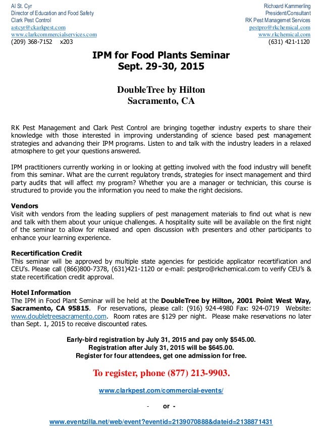 Sept 29 30 Ipm For Food Plants Seminar Sacramento Ca