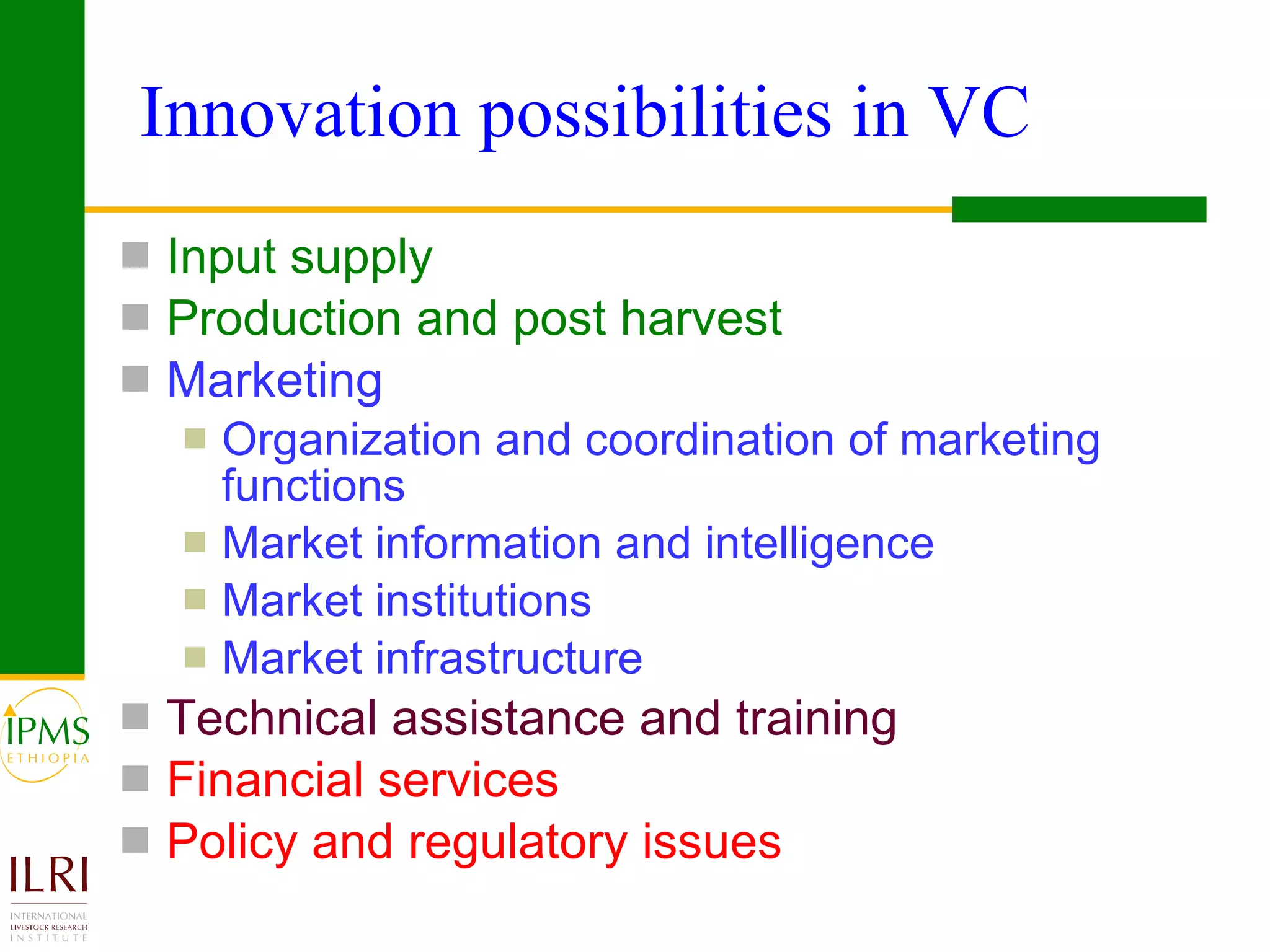 Innovation possibilities in VC Input supply Production and post harvest  Marketing  Organization and coordination of marketing functions Market information and intelligence Market institutions Market infrastructure Technical assistance and training Financial services Policy and regulatory issues  