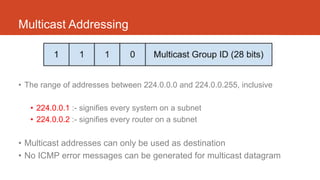 Multicast Addressing
• The range of addresses between 224.0.0.0 and 224.0.0.255, inclusive
• 224.0.0.1 :- signifies every system on a subnet
• 224.0.0.2 :- signifies every router on a subnet
• Multicast addresses can only be used as destination
• No ICMP error messages can be generated for multicast datagram
 