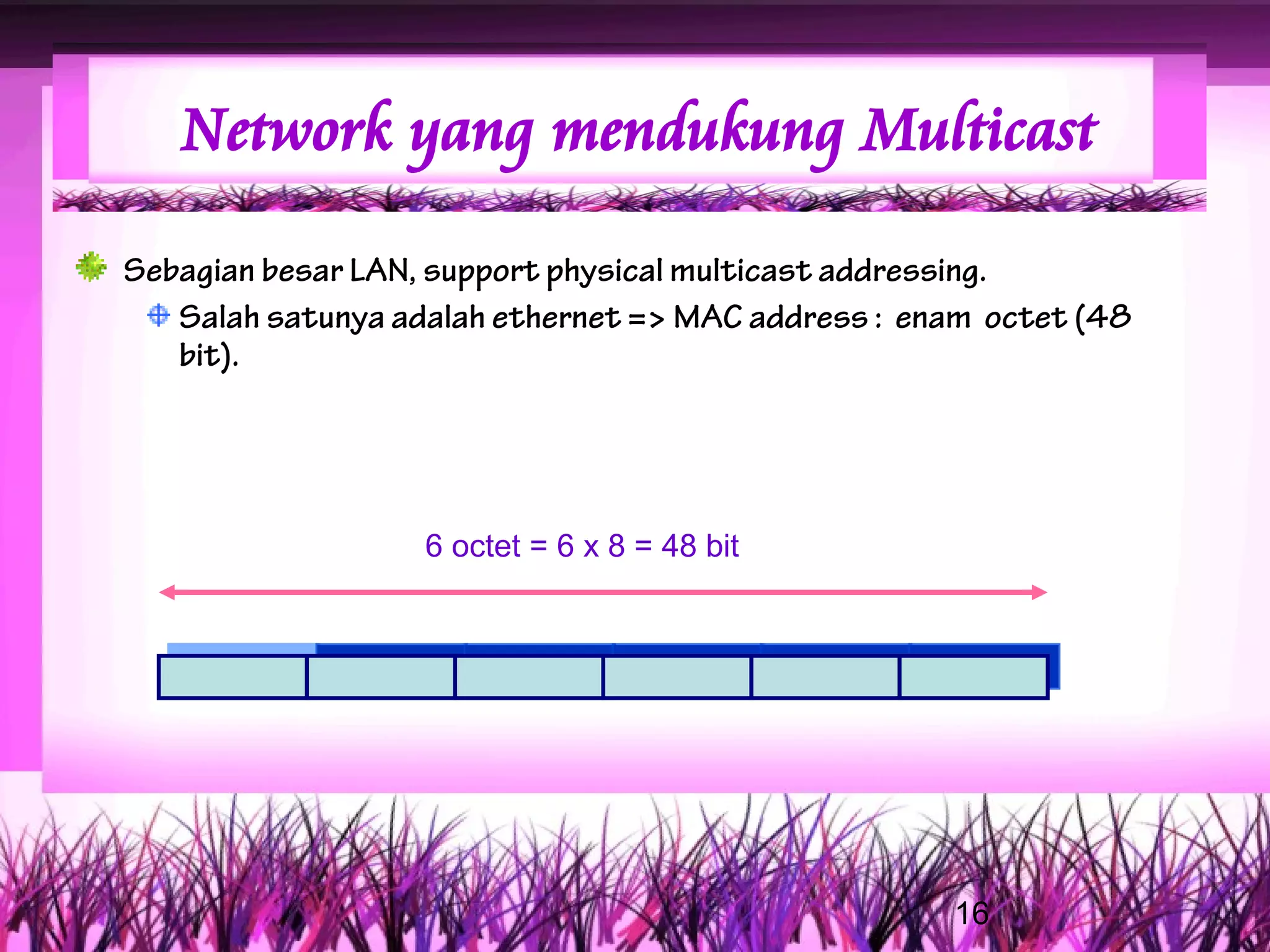 Network yang mendukung Multicast

Sebagian besar LAN, support physical multicast addressing.
   Salah satunya adalah ethernet => MAC address : enam octet (48
   bit).




                   6 octet = 6 x 8 = 48 bit




                                                    16
 