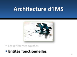 Les apports d’IMSNouveaux services interopérables.UbiquitéApporte un Framework sur lequel baser la création de services, réutilisabilité de composants.10