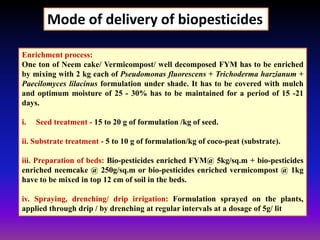Enrichment process:
One ton of Neem cake/ Vermicompost/ well decomposed FYM has to be enriched
by mixing with 2 kg each of Pseudomonas fluorescens + Trichoderma harzianum +
Paecilomyces lilacinus formulation under shade. It has to be covered with mulch
and optimum moisture of 25 - 30% has to be maintained for a period of 15 -21
days.
i. Seed treatment - 15 to 20 g of formulation /kg of seed.
ii. Substrate treatment - 5 to 10 g of formulation/kg of coco-peat (substrate).
iii. Preparation of beds: Bio-pesticides enriched FYM@ 5kg/sq.m + bio-pesticides
enriched neemcake @ 250g/sq.m or bio-pesticides enriched vermicompost @ 1kg
have to be mixed in top 12 cm of soil in the beds.
iv. Spraying, drenching/ drip irrigation: Formulation sprayed on the plants,
applied through drip / by drenching at regular intervals at a dosage of 5g/ lit
Mode of delivery of biopesticides
 