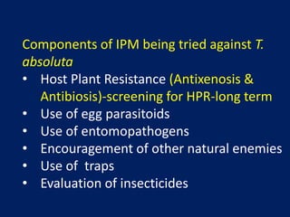 Components of IPM being tried against T.
absoluta
• Host Plant Resistance (Antixenosis &
Antibiosis)-screening for HPR-long term
• Use of egg parasitoids
• Use of entomopathogens
• Encouragement of other natural enemies
• Use of traps
• Evaluation of insecticides
 