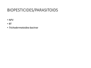 BIOPESTICIDES/PARASITOIDS
• NPV
• BT
• Trichodermatoidea bactrae
 