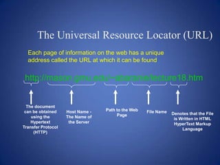 The Universal Resource Locator (URL)
  Each page of information on the web has a unique
  address called the URL at which it can be found


 http://mason.gmu.edu/~abaranie/lecture18.htm


  The document
 can be obtained    Host Name -   Path to the Web   File Name
                                       Page                     Denotes that the File
    using the       The Name of                                  is Written in HTML
    Hypertext        the Server                                  HyperText Markup
Transfer Protocol                                                    Language
     (HTTP)
 