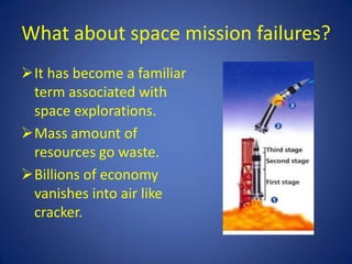 What about space mission failures?
It has become a familiar
 term associated with
 space explorations.
Mass amount of
 resources go waste.
Billions of economy
 vanishes into air like
 cracker.
 
