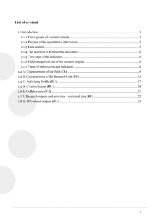 4
List of content
1.1 Introduction ................................................................................................................................5
1.1.1 Three groups of research outputs.........................................................................................5
1.1.2 Purpose of the quantitative information..............................................................................5
1.1.3 Data sources ........................................................................................................................5
1.1.4 The selection of bibliometric indicators..............................................................................6
1.1.5 Time span of the indicators .................................................................................................6
1.1.6 Field categorisation of the research outputs .....................................................................6
1.1.7 Types of information and indicators ...................................................................................6
1.2 A: Characteristics of the field (CR) ...........................................................................................8
1.3 B: Characteristics of the Research Unit (RU)..........................................................................15
1.4 C: Publishing Profile (RU).......................................................................................................17
1.5 D: Citation Impact (RU) ..........................................................................................................20
1.6 E: Collaboration (RU)..............................................................................................................21
1.7 F: Research outputs and activities – statistical data (RU)........................................................22
1.8 G: IPR-related outputs (RU)....................................................................................................25
 