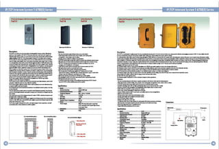 IP/TCP Intercom System T-6700(D) Series

IP/TCP Intercom System T-6700(D) Series

IP IntlrCom Emlrglncy (all & SlniCl Inquiry Panll (with Splaklrl

In-wall Mountirg lox

Surfat. Maunlinl Box

Industrial Emergency Intercom Panel

T-6717

T-6718

T-6719

T-6731

Dlm.n.lanI:111x1h2lm.

Disuiptions
lb, U711 i~ In indoor two wa,OImmuniCllion i~ .... 10, Ictnom, solulion. Dis illlRIIIII
p•••1mU$I ..rk ttl...., wllh H7151P Inltn:o_ COllrtl,nlt, 'DelI COllrtl,nlt CG,ocity"
~QI

light Inlln.m ~anlk.llll uSld It han ani bllllDn plIll mmmunlCllian wllh!tit n.m.k
P'" m
........ "'102.ThI T-6716lnllfgll .... ls dlS/gnld If tn butlln: _fir Im'lIIlIlJ
mil and 11IIth1' lur finial inquiy dilflllnt 1fM." is "If nlliabl. i""strilltwa war aJmmuni~un
sysIlm fw .... prisw, ~~ sdlaol, mining p'-t, Inmiparllliln 1I.tI~ lilJlllll, mllrl.,unr.,.

In I lIal a"lIcanlnl, Ihl" will b, Ilnl'll' ntTWort pI.lng_lcrop/lonl Hi102Ih.n .... as duly'
III'vlttl fir rill""'" dlS.,lnlannailan dnk, SKUllty aIII,1, .UBI ram ....."III.nIIl. Ead! duty
niIwR ..alna mlauphunl will biiD addl'l!! dl~ Irt Its ..... 1' .dlW5 sa _ 1IIIy..twrk
pogina . . . .lshal bllll.-sibl, to _ _ and sup.rna SIYIniIIP iIIIn. ,...1 T-6111.
Und •• Iml'"." H ... lIi,n in~.i", thl I. inlM..m ,.nll ... pr... bu,,",. fa ..1110 it. , .. _
iol"
d...... dlllr mill'lIphllnt, '" ~1IIr miCl'lphlln. ctn _ r or I1jKt th. call. I! th. pl'HluilnOlH

dlllr mllroph_I'lon' ... nllln_or bury; th. IleGndllry dlllr _rop_ '11111111 .ulomlllkllily
transhr .. d. hIIry I'IIg '"'I I••[... panl.~ 'IIhh n[nl.. [him. Ionl . . nashlnglndlmllr. Whlllth,
duly ml[ro,hall whh [auld .rldlr mab .nnMn[lmH! or SIMI pIlHlI.. rd,d musaglslo th,IP
inl.rwm pan.lb nminlth........I.m.fII.lY Rid! .., b. Sill' n.m cm sphm.
Th.IP inllnam ,..1 il"~-iI. high Hnlifivily milra..... and I 2W fill rani' mMiIw
Ipl.r" .nlUrt wk. 1I.lIroll. an~ ""'nus.
Th,IP Inllnam ,,111m 1 11..1. dual fl'U II •• 'Ull .1.lmu. 'aund ~...,.......,.~ 'pldal drallt
•••
prahdiM I. a....... blfDl~ Mha nlisl wiIIII. this m"" IIIx..
Th.IP Inllnam ,..1 Is "~-iI. d.roIi,r 'IIhld!ls usN b ~'_'UJ. an~ lanirailim ....nalag
b DIIInallmpl'rlilr _ inl.malsp.aklr.
Thill.iII-. ,.n.IUluld III ilSltIl.~ iI.nywh... " nlln·d.~ilOI.d n'!wOrk ')'1l1li, 'Illtn h.l,
II
wlrlngUld.
Thll'll .. Ilghtlnhnam ,....5 ~Id bllonnlrIMb tad!1P -'-mnIrllM~. ThlSllnI.rm.
pan.I.... hanll-i..... IDIBlhd •..m ,.... Is ~ulgnld 'IIhh ID dlpswlhh 10 dlstiltulsli ..m ..
!Rlm Inethll.
ID" .ad! inl.rwm pan.1 'llili. diSflapd w.... 'all il ...... II T47Dl, II '" ~1IIr mill'aphanlllluid
dilfinl'i,h .... or 'IIhid! room il calling.
Th ...... lnltrCam ,..-lOuill III ~llldly pll'lllr ""lid by th,IP"'roIIII panll whl. ammunlc.Han
distanilis 'II1th1. : . mdlrs, txhm" DC24V pll'lllr", Is ...d,d whln .rrt..1s _than JDI
m.llrs, MI dlsll.. u. ta Ukms.
Th.IP i.llnam ,..1 is "signd " in-nil ar wall_nI ~llil'" indaar appliIOlians.' ..nil
maunfin,_ '''.,Un.. lI..ting bllJllDUW b.lUppIi.d.

,m

Features

Descriptions

-1wD way IGmmunka~an ,..1 wiIII_ buth. PI'IISlb blk fIIh ...

Thl '·6131 Is a nathllJlflll ......slft..pmllwa war lammllilllflMlnhrm. panll.lIls .sldla hllVl •• , buno. Pi'll" ...munllatlan willi l1li .lTWIIrt ....1 mllraphanl '·6102.11 I. lIlY 1'II1"ll ln~ulhlal
lwa war lammM1mflM sylhm far bank, prl-. hasp/lll, sdttal. mltlng plant. IrItspal'lllitlllnll~ alrparl. MIll or 1lIbny.
In 11'II"'pplilllians, 1IItr. wi b. SlMral nd'llwk paging .....nl T4m ,hal.,.d a. inllrm. lIatian far nllplian "sk. infannlliM ~11k, IIIIIliIy" alii" Rill raam .Iagistilllnhr. EId! illllmm slllitn
n.lll'llrt paling milra..... 1111 b.ID .ddlllil dilfinpilh.d .,. ill .... 1P .ddllll- II . . inl.ram SIIIIilln nd'llwk paginl .....n.lh. b.IlI....,ibl." _StIlI' an. lup,",ill _rallP iIhrcaIIptn.1 U731.
Undlr .mlt'JInc,- or Inf.rmatlan In"'l1 th.IP InI.n:tm panll can lalt" Ih ,1lI·d.d__ lnllrctII datlon.thlltlllol.lllllln mllrophlln. can anMl or nl.d thl 11111.11l1li ,rH1I1..... lnI.... datlan
mllraph_lslan,_ .1 ansnr ar.s,; l1li SllllHry - . - llIIIa. mllraph. . '11111" lIIIomafllllly tronfftrl'lld. htry' rlna 1111 Is _mpanl... with _Ina Ihlmllonl . . IIIshlnlltdlllhr. Whlll l1li
Inhnam sllflM .IIII,hanl w1llllDUW dlllldIJ makl annaunllmltt. Sln~ ,..1lI!IIHd mlss"s bth,IP Inllrwm panll" ~Ingth ........1
.m.....,. wIIidi .., b.1ft' n.m (m syslili.
Th. I. illlrtam ,.,1 is "i~-in I hill .. nlifil'ily IIiIropIIIII and. 5W fill ranl'IIMillr!plll. Ia .nllllll wia d.a.a "Iaudntn•
Th. IP illlrtalll ,,1I.m il buill·in du.1 CPU" In,ulll.inimu. Illund ....,.......,.~ 'ptliallirlln
il adll"'." lI'IIid .Ihll nlli51 withilllil m.lal_
Thl 1'lIIwIDm ,..III.min I d.lldllwhllb II U"" b d.1IIIt aWl. an.'anlral .... tn .naragla Inhlllllltmpimll an~ IIIIInal IpIIkIL
ThIIIP InI.rm. panillaul~ .. 1.lIalll.".nywfIIN III nan-dillmhd ntt.rk syshll, 51 ca ••,1." lin 'IIh·... mil.
Th. I. illlrtam ,.,1 Is "sa 11'1111. dry mnlod .ut,ut bln111_k willi ~ party In YIII., ,,111m lib (en.~.. ala .. s)'lltll.nd haml.rhmatlan s,lI.m.
StalUl indim. will b.litht i. diff.llIni aftr far paging. inllnam an~ 1IIi1. al ... syillm.
DC 12'110 t4V lait paww ...,Ii.d s,Sltm.
Th. IP illlrtam ,..1 il"lign •• " i..wall or wall_unl dlli"" outdllllr .pplillllani.

pI_.

-Id,"mll.unllriln sysll. fir bank. ,IfHn. hasplh~ Khaal.lllning
transpllllllian IInI.,.ilJld, m.1nI • IUml'-ro-.,. inllrwm ..... hor Mltipl. raa••pplilrilnl.
- FuiliPfItI' IlTWIIrk lIfIa 1)'IItII whllh Mid b. III" mr ....d.dlltllll ndwort "I"m
- .... tIIb -1IIr mlcrophanl . . .utomatlctllylrllnfftr lu.diM whln II .lWIr .. bUll'- 1M T41111n1.rm. ,anll.1I ~lsl.n"''' !WI bunon. lar dlfflr.nI USII: 1.,lor
Im'flllIY 1111 an~ . . . . lar SI",1m ilqulry..
• Eighl inlonom panlis ~Id b.llnn.rlMb MIIP inl.rwm [l1l[I1 unitT41U.
- 1M tighl inlonom panlil allllGnn.rIM hand·in·hand.
• hili" th .Ighllnmam pltlilll"llgn•• whh ID dlplwln:h.
- IMlnllrctII panlll, dllldIJ pll'llll 51"lIld by IP Inhnam Ulnlrol unll ""'.
...munllatlan dlst.al II with .. JDD mlhrs, IXIIIIII DC24Y ..... r IUpPIy II ...d,d wIIln
dlsll •• IS ...1lI than 3II ....rs, ma ~lllonll up la I.n.s.
·1Ii~-iI high _I~ifily" milraph. . .nd I 21' lui rang. manilw .....1.
- Duly .....n. and PC 1Imr anIlE III ~roadltll mulit IIr ltia "'lag. dillldly
- Minim. dOla d.ll, -.I na .Iho nol51.
-I.·wal,.d IUrfIaI_Unl dld •• s, an. tn .rr.11III_unllna 05 (f411,ls II-'1II11
tyPI an~ '·61ft Is slrilllll.....gtypljlGuld 1M IUpplill

....

--..FnquI." ........
T.I.D.

IJIIIIbrtIo

I ....... Po.- , 1!IIpIIkIIH.

Po.-Su".,.

.....
.1

III.

Feotures
- Twa war lammMklflM "nil 11'1111 butllllllllptdty lammMkllI 'IIhh Inhnom stafla. _lIh" iIIIrta. ".,Is.
-1_I ...munlllllan s)'lltll hor .... plfsan. huphal.Khaal •• Inlnlpltnl. IrIInsptrlatlan IIrrt.~ .11pG11. mm ar IUIMmy.
- Fun I'(TCP ndwart .udia s,Sltm nid! lIuld III HI.p mr nan·d.diIOl.d n.lll'llrk sysll..
- Emlll.'C bChn. built-il DSP and hitfi Ip... iIIIuShitI
.n,un Sltrllim. "" than 1..111t
-llna ctllt,lnIIn:tm ltanlln .kr1Ifhn. and IIJbMIkaIy "anshr ""'Ion wII.n no anMl [I[' .usy.
-1t11l-1. 201' dass·D .mplln,,1to pll'llll m.nalla IpIIkIL
-1t11l-1. high .. nslflvlly
hor .... dlsranll MIII,kk.
-llIHtam IIIIitI mill1lphan. . . PC I.A'II IInhr Ian brallkast_sil. 'fIIill m.s. "dlI'-I!.d flll,"mmuniIOlian s,Sltm.
- On. *r Ulnhd IIUtput" illll·wart with thirrl"rty I,Sltm.
- On. *r UlnI,d II"''' III OInll1llld by third party sysll..
- Safl DC24Y,....r "'plII IlIpplll~.
-lIIn•• mdalo d•.., .nd na IIha nalst.
- Full.minum "loy body of 5. . thiDSS far Bath,,,,,,, I"" ImI.nd .. plalin·praaf .sign.
(onnedions
- AI.minu •• noy maunfin,_ llI,pli.d w~h bath ..-fall ... unl and i....1maunl dlliln.
- Sp.liallnfi·di_unling _ illuppliH fir fix up.
- Support WAN. LA", Ipan "tnray an~ lroll rout.r.

di,,,

Specifications

NmnrIIll'lllrt..

,,,,.dill

'·1111

....
,...
....n

Stttdani U4S in",

11Hz-16KHz (+ I dUdB)
:OS;;;1.I1,.
;<!:B5~'

".

WIIIIln !OO m .rnd,..,.r luppl, fr1III
.....
'·6115.II1II1'11" DC t4Y II H,d,d ..... dlstanll
iI mlln, ... l.2kln!

,,,~

*""'"

....

...--

NIhnrII: 11'IIIrt..

......
C

Frant 'Iitw illlallafilll pldul'll

Sldl vl.w ilSltllatlan pidUI'll

:tic............

.... .......
frIIIr,It."
Tnllllllui.. Spill!

"1I1 " la~ IIrI nil

F
lx.,.ta1IWI

T.I.D.

SIN blio

....... 0..,.' ........

..kI·I'....

Po.- Contullplilll

Crlbl. wil'lll wh.
" L - - -Crlbl. wi_ whall

....-

Specifications

'-Su".,.

.1

'-'731

SllHani RH5 inflUt

.--

I('~" ~ I­

-~

MP3/I1P2

1'110OMbpl
1""l1li11 (D I11III .....
2t-I6I:Ib(+I,,-3II1j
:OS;;;UYI

......
>""
,..,n

...
...

5"C·40"C

~.

......
-u

Al.., Ildlarlw

Emo"I<y """1

I
/,

I

• g-

[IEjlJ

,,~

,-

~)I
Sfllbr

~ Ci)@<!l@O-@

@@®@g"
0@@@

.g

..

Ii"

~30W

DC24V

.'.
'.'

•

D

---------------------G

 