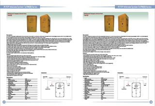 IP/HP Intercom System T-6700(O}Series
W.atherproof Emergency Int. room Panll

Weatherproof Emergency Intercom Panel

T-6732

T-6733

Descriptions

Descriptions

Th. '·673215 I nath.1JDIi '''''slft1nll 11M ...,. c.mmunJlallon Inhlnam ,..... 1115 uSlll1l1lm on. !.ttun IHsllllmmunlm!lon wHh thl ndwort: pllinl mlcrDphon. '·6102. Ills lilY rlU.... lnduslrlal
In waf lammllimfiH sr5hm lur bank, IIIi5Oll, .spilal, sell .... mini'.plant, Inmspllllrlian Ilntl~ airport, mlll1l al subway.
In I rI".ppliwtilonl, iii...
~11 ...al n.mrt; Pilling miullph_ T·I702shull uHIII II inliRam sllli.. '" 111.... duk, . . . . .n dul, lII.ily IIRi~ luna IlIUli wlogiJlil.IllIllr. E.dJ i,IInalll stmi..
nll'lIIrk paling mkl1lph_ will RID IIIdt'm .Inlnguhhld by Itl own IP ,linn, IlIlInl fIltrUm""" n""rk ...... mh:rtphanl ..II b, r.,,,nll"',, _SWIll'" lup'n'11i _rail' -..alii ,..1 H112.
Undll Imll1ln" al Inftollllllan In~uq IIIIIP.nt'nII! ,.n.lllln PnlSI bun-Ito 1II'lIl1s prJI·d.~ InI.nell nallan, !hI ~m ,..... mllNphun. Hln ansnr.1 rtfIdlh. alII. It th, pl'HlHlgnal.d
Inllnum sllflH .llfIIIItInlls _gllml nl _ _ or busy; 1M slwndury Intln. statlun mlcrophonl will III Iullmallalllly lransflrl'l~. Enry riI, mils alm.lllniid wRh warnl. dll.. ' - an~ "a~
imillltur. Whilllhi inllnum StnH lIilRphanlwillllllulll .il'lctt, mau Innuunwmlnl ur sind plHllllnI...ISSllllIS ta Ihl I. m.n:um ,..11cI warn.. 1M patlntial
ImlflH'Y nidi.., bllllW &'11 em s,5IIm.
Thl I. -..cum ,..II''''~. high .,ltlvlly mllraphOiI -.I lSI lulillngi munltar 'pllbr IIH'Ut1 'fII11I dMranll.nd luu"".
Thl I' ~m qstlm Is.ulil-in dual (PU IIHIUI'I mllimum •• nd dlll.,.lIul'leve~ Ipldtl nil prtlldlan Is ...,," II
echu nlfll wlllilllIIll mltal_
Thl I' m.n:um ,..1 Is ...H I dllMlr whllllil usN II 1IIm.1 . . ud IIMItI dailinlo In"lIlnllr.llmplllllr an.llllrnal""L
....
Thill. intln. paniliouid 1M ilshlilid i• .,whll'l" nun·dldimed nrlwart: q5llm, a II. IIIlp 10 SDYI wiring wst.
Thl I. m.n:um ,..1 is "sa wiIIIl.ry lanlad MIprI ta lIIIr·wart: wilh Ihinl.-lf 1ft 'fIIllDgI sysll.likl CCI'( .ar _ss s,sIIm and h_ lutomatian qstlm.
SIIIu' indi*- will bll~ in dil*lnt coIIr fur ,..ina. inllntm Ind will.lann 'ythill.
D( 12'l1I24V 1m pDWtl' supfliid sYfllll.
Thl I' ~m ,..1 Is "slgnl. If 11-..11 ur wall mlRl"slgn of ......r .,.nr:.flHL

l1li..,

FlaturlS

°T.. .., c.munimian panll with ani r.ttan ,",SS IOlDlk ta illtrcum 1IIriII
°ldlallammllimtian systlm far Mink, prilan, IIIlpilOl, idlaIf, minin, ",nt, lranlplllalian IInII~ IIIirpart, mrlll ar IUbway.
o FtlIIP/K' "'-k au.rl syshm whllllluuld III sri up OWl nun-1llllarbd nl"",k sysh.
o EIIbld P( hlilnulugy; alR"'n IISP.'' .Igh sptNlndustrlal IIIlp 10 Insur. stlrt flm.len than IIIMII
o RI"mll ta m.n:um IIriIn mllllllphuni ."Iullmatlalllly lransltr iHdIun whln no anSWII or •• s,
o Built~n 2ft dIIss·D ampilitr 10 paRr 10 ""r
°luilt~n lith Iinlilirily milRphanl fur lang diJlHtl 'fIIiw ,ilk
o Built-in I 3W full r.,t ..nnor ',lour at .....nI WIiII rtfhratiun
o Inllntm 5IaIlun mkra,.... .nd '( "'Vllllnlil an -...raft ..llcll 'fII11I mil'" 'l'IdI,
o Han. Crtllum_lItfl.. s,shm
o Onl aux alpllfar IIIHMI pDWtI' am,rrlill
o Onl dry mntad lut,ut II intll_k willi llin pan., systlm
o ani dry antad inplllll blllMltllld ilythinl .-If 'ythill
o 51ft II( IIJV.24.5V ..... r "aptll ,upplll'
o Mlnlmull ......lay an.lIlIIIllIlsl
o Ftliliumlllm body-far .....rpratf Imlml_ ....sl9-rnaf dlsitn
o Alullilum maullilrl MIx Slpplil. w~h bath Slrfall ..unt and in ....1 maunl dl.
Connections
o Sped" ,rnHrsmuu_ SIr.., Is supfliid lur Ib: I,
o SI,part WI." LAN, spin ......, _ImS rauhr

wi'

ffII"

oTwa ..., lammllimtiOi ,.llwiIIIHI buhn pl'lil IIlIIk II inllntll 5IaIian.
01_1 c.munlltllln symll fir bllt, prhln,. hu_ Slhuul, milling pllnl, INIspu,"""" anll~ alrllln, 1I1IIt • ....,.
o Fulll'(TCP nriwarl_lu sythill whllh Mid bl
I'IIr IIHldlmN .lIwark qstlm.
o EmbH.C IIIIIn .... y; bullt·ln DS. Ind hi,. SPII~ In.m111 dll, ta HSUI'I start timilisl IMn I Sllun~.
o ling wilio inhntm statiun ~ Ind aulDmrlilall, 1NIsf.-lundiln whH IIlnsnr. bus,
o 'uill-in 2DI lIasHI_plifilr II ,...r 10 Iplailllr.
o.uill-in high Hnsiti,ily milrapli... fir 1001lIstanli WIiII pick up.
o'uill-in I 3'1 lui rangl mun"" IIII"r of 1I11111nl 'fIIllIl'IllDl'lfl...
°llllrmm 1IIriII mllRphunl an. PC slmr IIIIIr IH braadwst musk ur YIkI ..ssagl dll'ldly
o iliad fl'll wmmunilatiun S'1lllIl.
o Onl . . output fir IIIlrnll,...r ImplifilL
o On. IInItCI uutpulll inllr-wart: w~h Ihird .-If IJSItII.
o On. lint'" In", ta III anlralW by IIIInI party s,lhm.
oSafe DC I 1.5J.24.5V pDWtl' a••"" su"'ld.
°llinillum dolo dlr., Ind no IIho naill.
o Fun .minum .., fir nalhll,raaf IPJ51evei and IIplasin·pratf "sign.
Connections
oAlumlnu. . .unllng box su....d willi MIll sulflll muulI •• IIt-WlIl mMII"slgn.
oSpilialinfl.dl_unling sern Is suppll" fir IIx. up.
oSupport WAN, LA" span FIIWIJ and lrass rwt..

HI.,

....

N.....rII: IlIhrftIa

C
Ilrw ......
Ald. FIlii.'

..........

.,,"

I

C

.--

J['~"'gII

M,l/MP}

10/100,.,s
:50;0.3%

Abniljl"h,

1/11-

...... """ . ........
......
.,........

lullt-I.lpHktr .... & 11I.....a

>""

3'1,U1

LiMOutplll

""'0

HUllidity

5'C-4I'C
211%-1D%

..... c

C. . .

"

.,.
"'.
.....
1m

311OJ;11b130m.

•

&...."ivttut

•

•

)11
~

10-

Q

•

•

Spotor

•

"'"

1tP~ . . .

"'''''
K-_

TNurnfllilnS,_
FI'tII..." .......

".~
>1Od'

................. & .......
& 11..... _

""

. .1d.. T .,
.

. ...c..ull"'..

"

'

""

........

lO/llUlbps
1......... m.... IMI
2B-16KIil(+ I.,,-JIII)

<U.

•...... o.tput

•

SIIndinlIJ45 r.,.t

II ...........

'/11-

-

DC ....'s....

Ethom.t!witdI

....... 1.""-

SlHIIInllMS Input

2t-IKIJ:(+I,,·WIj

T.N.'"

_
.........
-..
....
-...h
.....
..........
...

Specifications
ffiHHHil

-.
-'-G-----------------------TI'IInllllilti.n "...

Features

I,

*'
*'

SplcifitaHons

Thl T-'133ls a ..rlhllpraaf & IIplusi'll·,raaf .... .., am..,lmIiIIlntln. plnll.llis IIld lu hD'llHI buhn PI'ISI a_unlmlill wlih thl "'-k pagln,.k1t;IIttnl T-'1I2. "Is Vlry r.llobll ....strill
c.munilmian sythill fw 1M.. prison, has;ill~ Slhaul, lIiIing pllm, tr.spun.titlllnll~ lirllln, ..trill....,.
1.1 nal apfimtian Ihll'l will bl H'llralllllflrk pagi" .ilR,hanl T-'1G.Z lh,1 ulld II intln. statian fur r.tIpiian 'ut, infannatian "1t,MeUm., tfIiI., nUIM twm IllacIistillllmllr. Eadl intln. statian
IITWtrk PIlI'" mllR,hunl will biiD ad.r.ss dl_urlh.. ., Its awn IP addl'l'"'' ... Inllntm 5IaIlun nl"",k paging mkra,.... shall III I'Ispun,lblllll an,..r and MpII'IIH slYlllIIP Inllntm panll '"'133lItIIlI_rgtnl:)' .lnfann.flH lIqulry, thl IP Inllnum panlf an ,",SS ilullDn fa wlllllits ....slgnahd llItrcum 1IIdtI, 1II11n1lntm stallun mkra,.... an _ _ ur I'Illd l1li all 11l1li prHllsl,1IItII
Intln. stmian mllraphunlls lan, fl .. _ Insnr. busy, Ihl stmn"'lnlInum slIfl...latphanl will bllutamrlilall, INIsfllTll Evlry ring loll IllIIumpanlH wlih _,Ing dllmllDnl ... IIIshlngllllkttar.
Whilllhi m.n:um 1IIriII milRphanl wnh IHIiI dil'lctt, mau annuunllmlnl or sin. pIHIIIIrMI! mlSSllls 1I1h11' m.n:ull ..nliia wallilt 1M pallnliall.....,- whidl.., bl 1ft' &.m em syshm.
ThIIP inllntm panll il buill·in , !iF Iinlilirily .ilR,hanlln' • 5W "'II ran .. _nr",Dr IIIln.1 nita IIla_ In."udnlsL
ThIIP Inllntm IJSlfllls bulHn . .I epu IU InMlt mlnl_ suun. "lay. ""1D"fII~ spIIlalll"," ,ratltllOi Is aduphd 10 D'IIld IdIt nul" within thl' ....1box.
Thl IP Inllntm panlill bulll·ln I_udll whIch Is IIld lu dilidl aux ", anlral .... 1IIt ,naluglu Int,mal_,IWIII..r Inllm.1 Iplaur.
This IP Inllnum 111111 111111 blInstaIHIn anrwhll'lilf n......... hd nllwllk s,m.. su Ian hll, ta H'II ..rI. asi.
Thl I' inllntm punll is ala with I dry IIIt.I alllplllll inlll-..tt willi tlinl pan., law YIIhII systlm lib CCIl, daR alllSI sysllm _ hamll,1aMIiII sysll..
Status inliartar willllllighl in ""l'InllOlar fir pagin" m.n:um _ WIiIII_ s,sllm.
DC 12Y" If' lilt .....r suppli" sy5llm.
Thl IP Inllntm panlill dl,... alln·WlII 11 ..1 muunt dl. of uutduur .ppillatlun,.

...0

.....

•
Enll)l"'Y'IIII"

)11

•

",'0
IT

S'C-4I"C

"

DOfi
a l . .l . . .
JJKg

.....

~

•

..0

Q

•

•

•

•

------------------------G)

 