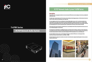 IPjTCP Network Audio System 1-6700 Series

IP/TCP Network Audio System T-6700 Series
Description
IP nltwlJrk audio 'ysllm is audio, palinl and nic. olonn our inl.rnll systlm baud on l(PjIP network transmission technology. II can work with any non-d,dicatld LAN
and WAH n"wark systlm.
Thl compl'" ,ystlm is compasld by n.lwork SI'IIr (PC with saftWllr.). nltwork audio adapt.r and n.twork palinl miuophone, sa it will b. mudl .asi.r for install.r and
conlrudor to install or iot.grall .ur Ih. Disling n.lwork and low nltog, sysl,m.

The system is adopted high speed dual CPU processor (32 digit MeU and 16 digit DSP), digital amplifier to ensure Ius than 0.1 second delay and excellent frequency
rlSpons. 20-161Hz. The system support YOrious audio lannat for tronsmissian indudes Mp3, Mp2, AAC and WAY, The netWCIrk audio system is of mellen! compalibl.
capadly with nan-dedlcatld ulsllng network system, and also supports UIImal SOUrtl player encodlnl. Thl network audio system Is also hllYl capacitylo communlcatl
acrass network lallWay and router and Swllth, Ihus Intlmel audio systlm Is avallabl.. Moreovlr, vol" evacuation sysllm OYIr network. could bl addld.
IP nllWllrk. audio systlm SUrpasSiS all stronll points of troditional audio system, more advantaglous flalUres indudl: suplr lonll distanci data transmission, lasier and
low cosl mainllnance, hilh capacity of two way interactivL
Thl nllwarlc. audio sy51lm could bl buih-up ovlr non-dldicatld uistinll nllWllrlc. sysllm thraugh onl CATS or (AT6 cabl., sa a bill amounl af wirinll cosl could bl sand,
lasilr maintlnan" is also Insured. Each point could bl dislributtd syndlronizld various pragrams from thl Slr'I'lr, and Ind-uslr at Iinninal can inti rod with thl slrnr.
This nelworlc. EDmmunicatian prafacal also enable the syslem cauld be easily intelrated with (0'( home automation, door aaess and fire fightinll syslem.
The system is designed of lronsmission capacity fa marl thon hundreds of onlinl progroms synchronized 10 differlnt points, since'Dch progrom only tabs
about 0.1 Mbps and nawadays Ihelnduslrlal bandwidth Is around IOOMbps ta l,GOOMbps.
Idlal nllwork background muslr, paging and volcelY1laJallon sy51lm solution far school, officI, stadium, shopping mall, manufacturlnll planl, chaIn stares, prIson, bank,
transportation [lntlr, and airport.

~~------------------.

 