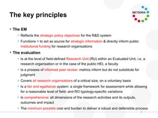 The key principles
• The EM
• Reflects the strategic policy objectives for the R&D system
• Functions = to act as source for strategic information & directly inform public
institutional funding for research organisations
• The evaluation
• Is at the level of field-defined Research Unit (RU) within an Evaluated Unit, i.e. a
research organisation or in the case of the public HEI, a faculty
• Is a process of informed peer review: metrics inform but do not substitute for
judgment
• Covers all research organisations of a critical size, on a voluntary basis
• Is a fair and egalitarian system: a single framework for assessment while allowing
for a reasonable level of field- and RO typology-specific variations
• Is comprehensive: all dimensions of the research activities and its outputs,
outcomes and impact
• The minimum possible cost and burden to deliver a robust and defensible process
24
 