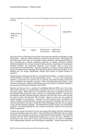 Second Interim Report – Final version
R&D Evaluation Methodology and Funding Principles 23
Figure 6 Implications of the economics of knowledge for state research and innovation
funding
The general way to fund state universities in the post-War period was through a single
block grant – what the OECD called the General University Fund. Historically, the
trend has been for the ratio of competitive project funding to institutional funding to
rise, increasing the external competitive pressure on quality. Research councils
initially dominated the external research-funding stream, responding to investigator-
initiated (‘bottom up’) proposals. However, most changes seem to have been
incremental and uncoordinated. Typically, decisions to increase external funding are
made and implemented separately from decisions about institutional funding, so the
funding mix can change significantly without there being an explicit decision to
change it.
Explicit decision-making about the use of institutional funding – or, indeed, about the
overall funding of specific research-performing sectors – is rare in the comparator
countries. In general, the countries rely on external, competitive funding as the main
way to influence the thematic priorities of the research-performing system. Some
countries incorporate feedback mechanisms from the amount of external funding to
the amount of institutional funding in their PRFS.
Sweden and Norway have a practice of publishing Research Bills every four years.
This means that there is automatically a periodic process of reviewing research and
innovation policy. While these two countries have only weak coordination structures,
the Research Bill discussions force a process of considering priorities. Norway has
periodically specified national thematic priorities since the late 1990s while Sweden
has done so since the Research Bill of 2008. However, these are not coupled to
specific budgets or instruments. Austria’s new RTI strategy (2011) underlines the
need to develop national thematic research and innovation strategies that cut across
ministry boundaries, not least to tackle the Grand Challenges, but does not yet appear
to have devised specific strategies. The Netherlands and the UK have not set thematic
priorities. The Czech Republic has set a number of priorities, which it is the job of the
CRDI to implement.
A debate has raged in Sweden for many years about the balance between institutional
and project funding in the universities. The 2008 Research Bill finally took an explicit
position on this, providing an increase in institutional research funding. The same Bill
accepted that the RTOs’ institutional funding was too low and set an objective of
increasing it from some 10% to about 15% of their turnover, in order to strengthen
their underpinning scientific and technological capabilities. Similar discussions take
 