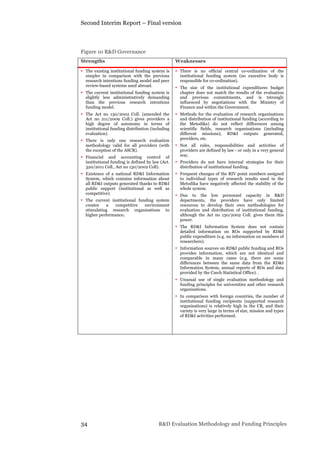 Second Interim Report – Final version
34 R&D Evaluation Methodology and Funding Principles
Figure 10 R&D Governance
Strengths Weaknesses
• The existing institutional funding system is
simpler in comparison with the previous
research intentions funding model and peer
review-based systems used abroad.
• The current institutional funding system is
slightly less administratively demanding
than the previous research intentions
funding model.
• The Act no 130/2002 Coll. (amended the
Act no 211/2009 Coll.) gives providers a
high degree of autonomy in terms of
institutional funding distribution (including
evaluation).
• There is only one research evaluation
methodology valid for all providers (with
the exception of the ASCR).
• Financial and accounting control of
institutional funding is defined by law (Act.
320/2011 Coll., Act no 130/2002 Coll).
• Existence of a national RD&I Information
System, which contains information about
all RD&I outputs generated thanks to RD&I
public support (institutional as well as
competitive).
• The current institutional funding system
creates a competitive environment
stimulating research organisations to
higher performance.
• There is no official central co-ordination of the
institutional funding system (no executive body is
responsible for co-ordination).
• The size of the institutional expenditures budget
chapter does not match the results of the evaluation
and previous commitments, and is tstrongly
influenced by negotiations with the Ministry of
Finance and within the Government.
• Methods for the evaluation of research organisations
and distribution of institutional funding (according to
the Metodika) do not reflect differences among
scientific fields, research organisations (including
different missions), RD&I outputs generated,
providers, etc.
• Not all rules, responsibilities and activities of
providers are defined by law - or only in a very general
way.
• Providers do not have internal strategies for their
distribution of institutional funding.
• Frequent changes of the RIV point numbers assigned
to individual types of research results used in the
Metodika have negatively affected the stability of the
whole system.
• Due to the low personnel capacity in R&D
departments, the providers have only limited
resources to develop their own methodologies for
evaluation and distribution of institutional funding,
although the Act no 130/2002 Coll. gives them this
power.
• The RD&I Information System does not contain
detailed information on ROs supported by RD&I
public expenditure (e.g. no information on numbers of
researchers).
• Information sources on RD&I public funding and ROs
provides information, which are not identical and
comparable in many cases (e.g. there are some
differences between the same data from the RD&I
Information System, annual reports of ROs and data
provided by the Czech Statistical Office). .
• Unusual use of single evaluation methodology and
funding principles for universities and other research
organisations.
• In comparison with foreign countries, the number of
institutional funding recipients (supported research
organisations) is relatively high in the CR, and their
variety is very large in terms of size, mission and types
of RD&I activities performed.
 