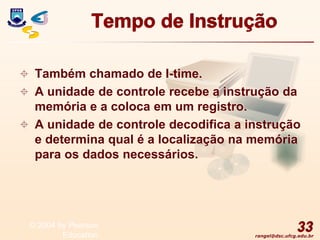rangel@dsc.ufcg.edu.br
Tempo de Instrução
 Também chamado de I-time.
 A unidade de controle recebe a instrução da
memória e a coloca em um registro.
 A unidade de controle decodifica a instrução
e determina qual é a localização na memória
para os dados necessários.
33
© 2004 by Pearson
Education
 