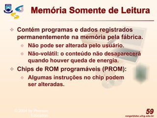 rangel@dsc.ufcg.edu.br
Memória Somente de Leitura
 Contém programas e dados registrados
permanentemente na memória pela fábrica.
 Não pode ser alterada pelo usuário.
 Não-volátil: o conteúdo não desaparecerá
quando houver queda de energia.
 Chips de ROM programáveis (PROM):
 Algumas instruções no chip podem
ser alteradas.
59
© 2004 by Pearson
Education
 