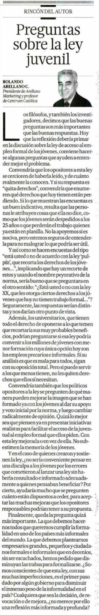 Publicado 26/01/2014 | Artículo Rolando Arellano | El Comercio | CENTRUM Católica