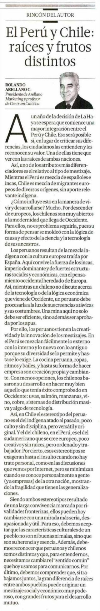 Publicado 02/02/2015 | Artículo Rolando Arellano | El Comercio | CENTRUM Católica