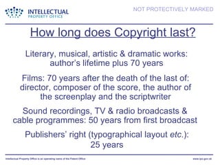 How long does Copyright last? Literary, musical, artistic & dramatic works: author’s lifetime plus 70 years Sound recordings, TV & radio broadcasts & cable programmes: 50 years from first broadcast Publishers’ right (typographical layout  etc .): 25 years Films: 70 years after the death of the last of: director, composer of the score, the author of the screenplay and the scriptwriter 