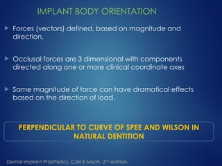 IMPLANT BODY ORIENTATION
 Forces (vectors) defined, based on magnitude and
direction.
 Occlusal forces are 3 dimensional with components
directed along one or more clinical coordinate axes
 Same magnitude of force can have dramatical effects
based on the direction of load.
Dental Implant Prosthetics, Carl E Misch, 2nd
edition.
PERPENDICULAR TO CURVE OF SPEE AND WILSON IN
NATURAL DENTITION
 