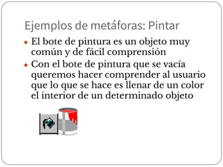 Ejemplos de metáforas: Pintar
● El bote de pintura es un objeto muy
común y de fácil comprensión
● Con el bote de pintura que se vacía
queremos hacer comprender al usuario
que lo que se hace es llenar de un color
el interior de un determinado objeto
 