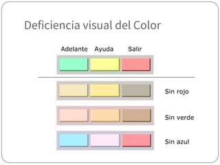 Deficiencia visual del Color
Salir
Ayuda
Adelante
Sin azul
Sin rojo
Sin verde
 