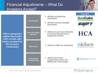 Financial Adjustments – What Do
   Investors Accept?
                                                                                                  Examples
                                                           Add back on-going Swap
                                                             Amortization
                                   Amortization
                                                           Add back Customer Intangible
                                                             Amortization



                                  Non-controlling          Add back of net income attributable
Often companies                     Interests                to non-controlling interests in
 adjust financials                                           hospital joint ventures

with certain add-
backs accepted by
   the investor                                            Add back of M&A cost amortization
   community                         M&A Costs




                                    Stock-based
                                                           Add back Stock-based
                                   Compensation              Compensation to derive Adj.
                                                             EBITDA and “cash earnings”




      © 2011 Proformative. Proprietary and confidential
 