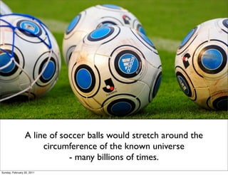 A line of soccer balls would stretch around the
                      circumference of the known universe
                             - many billions of times.
Sunday, February 20, 2011
 