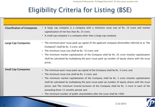 Corporate Professionals: Privileged Document, for discussion purpose only




    Classification of Companies   • A large cap company is a company with a minimum issue size of Rs. 10 crore and market
                                    capitalization of not less than Rs. 25 crore.
                                  • A small cap company is a company other than a large cap company


    Large Cap Companies           • The minimum post-issue paid-up capital of the applicant company (hereinafter referred to as "the
                                    Company") shall be Rs. 3 crore; and
                                  • The minimum issue size shall be Rs. 10 crore; and
                                  • The minimum market capitalization of the Company shall be Rs. 25 crore (market capitalization
                                    shall be calculated by multiplying the post-issue paid-up number of equity shares with the issue
                                    price).


    Small Cap Companies           • The minimum post-issue paid-up capital of the Company shall be Rs. 3 crore; and
                                  • The minimum issue size shall be Rs. 3 crore; and
                                  • The minimum market capitalization of the Company shall be Rs. 5 crore (market capitalization
                                    shall be calculated by multiplying the post-issue paid-up number of equity shares with the issue
                                    price); and The minimum income/turnover of the Company shall be Rs. 3 crore in each of the
                                    preceding three 12-months period; and
                                  • The minimum number of public shareholders after the issue shall be 1000.



                                                                                                              2/22/2012
6
 