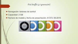 iPod shuffle (4.ª generación)
 Navegación: botones de control
 Capacidad: 2 GB
 Número de modelo y fecha de presentación: A1373: 09-2010
 