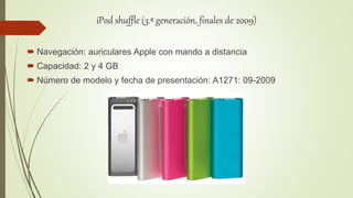iPod shuffle (3.ª generación, finales de 2009)
 Navegación: auriculares Apple con mando a distancia
 Capacidad: 2 y 4 GB
 Número de modelo y fecha de presentación: A1271: 09-2009
 