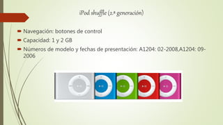 iPod shuffle (2.ª generación)
 Navegación: botones de control
 Capacidad: 1 y 2 GB
 Números de modelo y fechas de presentación: A1204: 02-2008,A1204: 09-
2006
 