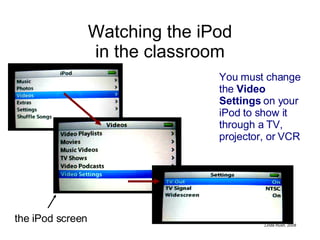 Watching the iPod in the classroom You must change the  Video Settings  on your iPod to show it through a TV, projector, or VCR the iPod screen 