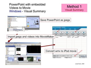 PowerPoint with embedded  Videos to Movie Windows  - Visual Summary Method 1 Visual Summary Save PowerPoint as jpegs Import jpegs and videos into MovieMaker Convert wmv to iPod movie 