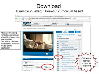 Download   Example 2 (video) : Fee--but curriculum based At unitedstreaming, right click (ctrl click on a Mac) the floppy disc icon to select QuickTime.  Be sure not to select Windows media for this application. Quicktime  format  is best for  the iPod 