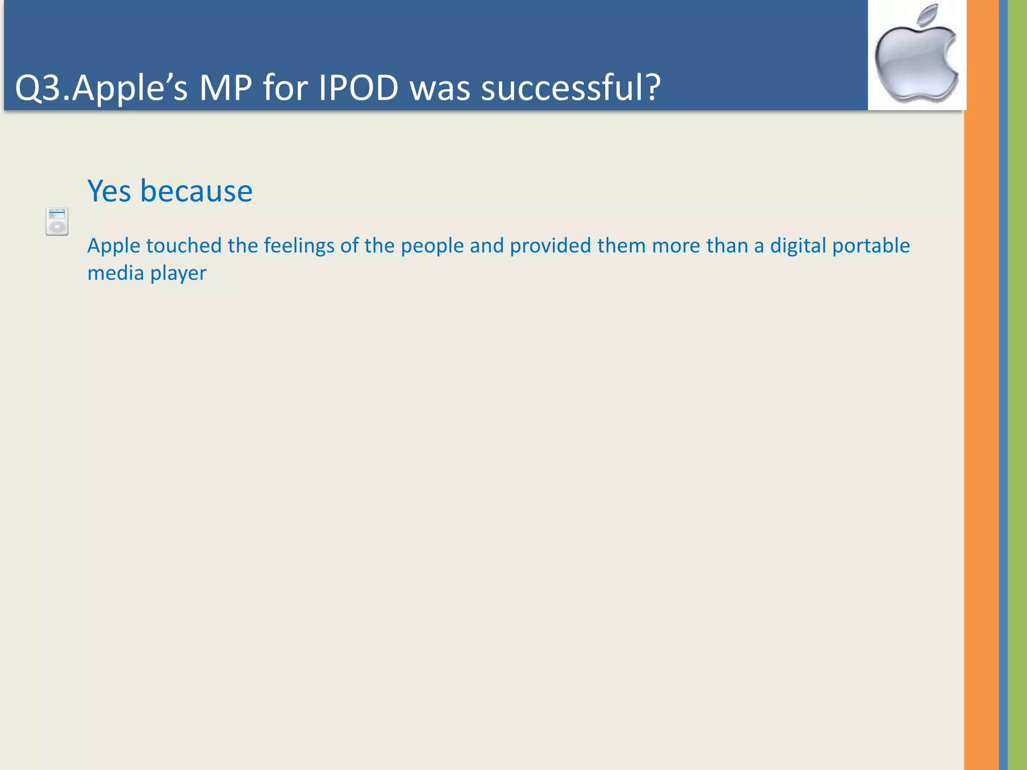 Q3.Apple’s MP for IPOD was successful?
Yes because
Apple touched the feelings of the people and provided them more than a digital portable
media player
 